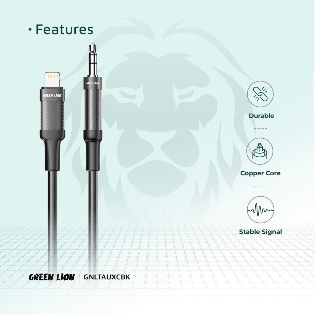 كيبل جرين لايون لايتننغ الى AUX بطول 1 متر - اسود | Green Lion Lightning to AUX Braided Cable 1M - Black
