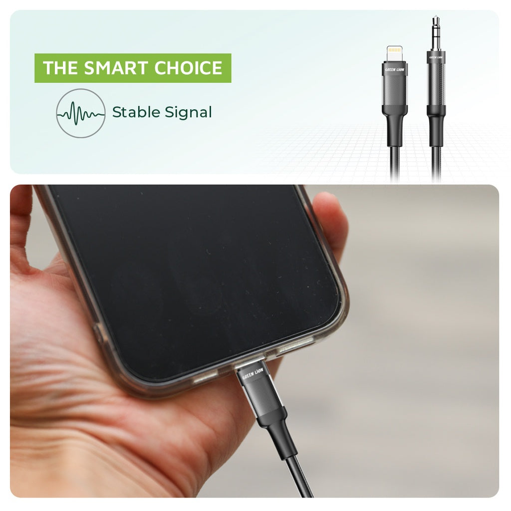 كيبل جرين لايون لايتننغ الى AUX بطول 1 متر - اسود | Green Lion Lightning to AUX Braided Cable 1M - Black