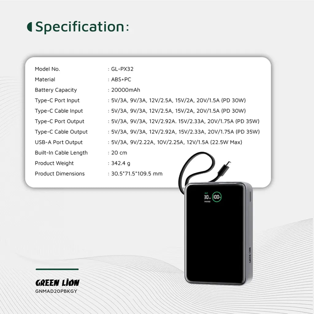 باور بانك جرين لايون مدريد 20 بسعة 20,000 مللي امبير وبقدرة شحن 35 واط - رمادي  | Green Lion Madrid 20 Power Bank 20000mAh PD 35W - Gray
