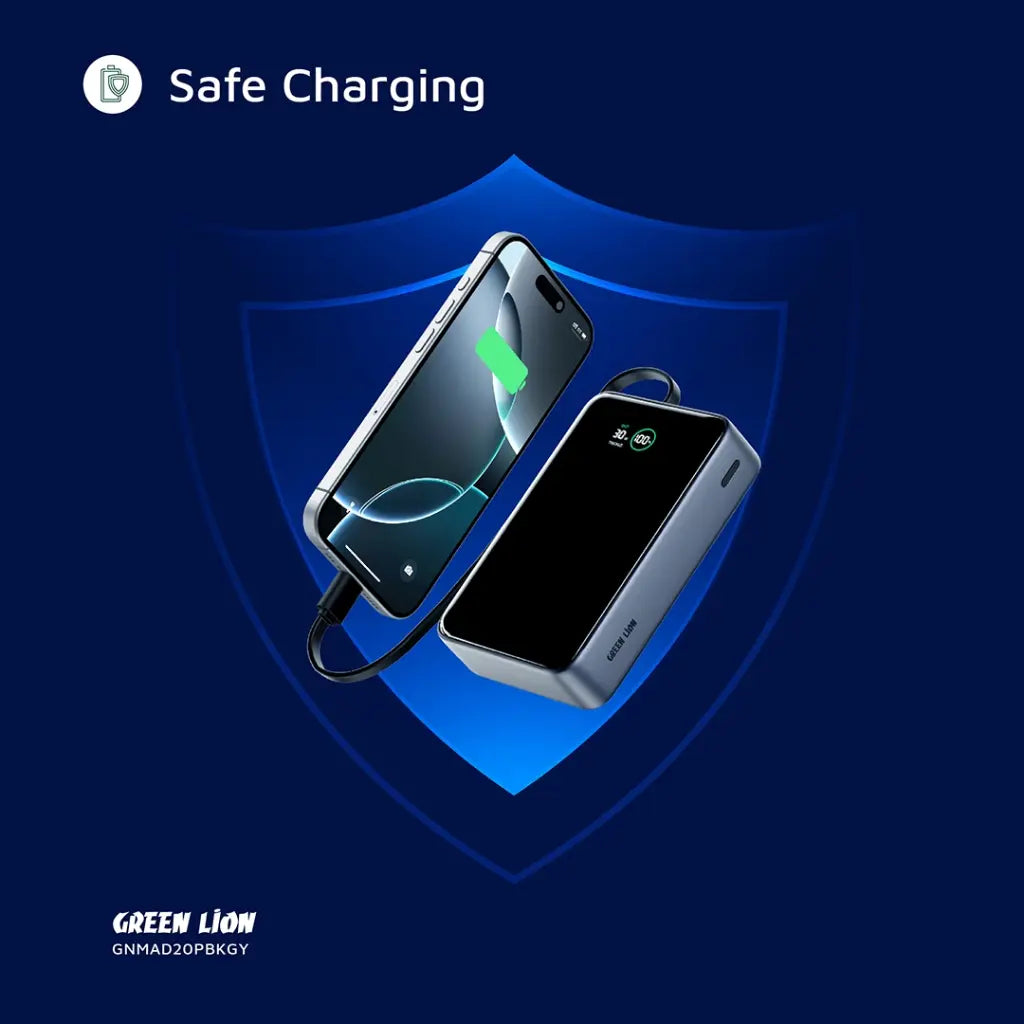 باور بانك جرين لايون مدريد 20 بسعة 20,000 مللي امبير وبقدرة شحن 35 واط - رمادي  | Green Lion Madrid 20 Power Bank 20000mAh PD 35W - Gray