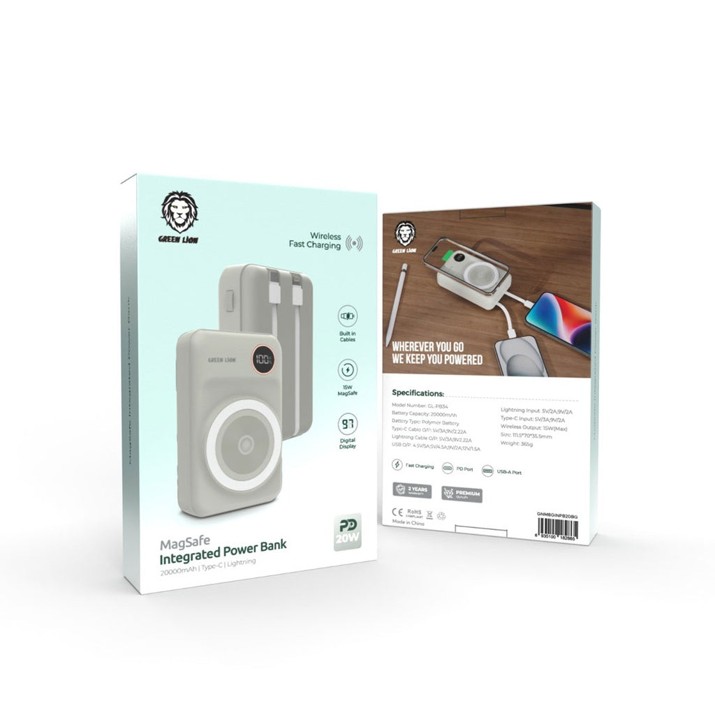 باور بانك جرين لايون ماج سيف بسعة 20,000 مللي أمبير وبقدرة شحن 20 واط | Green Lion MagSafe Integrated Power Bank 20000mAh PD 20W