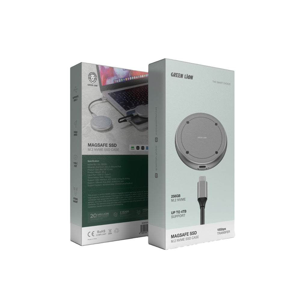 علبة تخزين SSD M.2 NVME مغناطيسية بتقنية ماج سيف من جرين لايون - رمادي | Green Lion MagSafe SSD M.2 NVME SSD Case - Grey