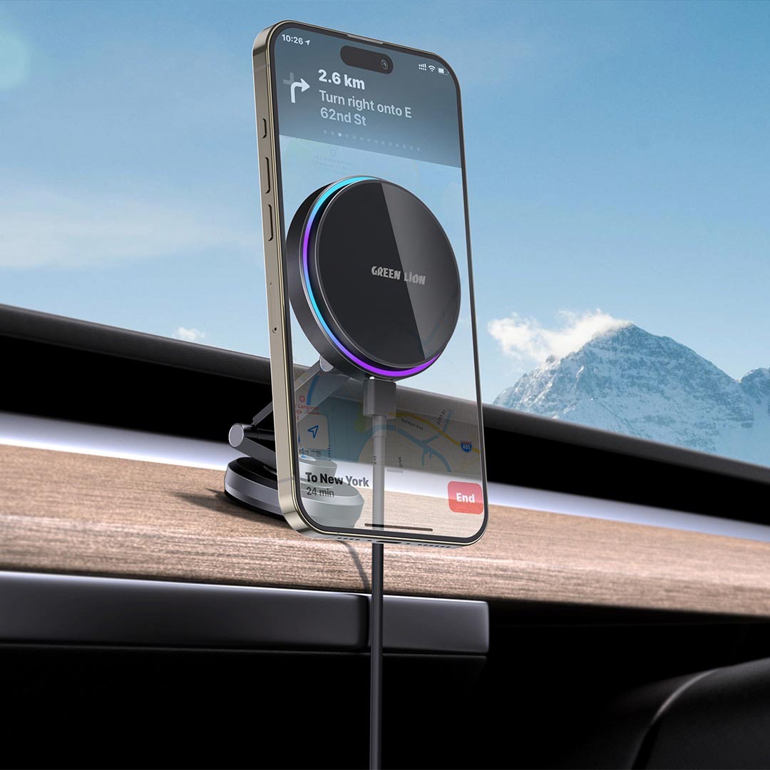Green Lion Magfuse Car Charger Holder - Black - جرين ليون ماجفيوز حامل وشاحن سيارة بتصميم مرن