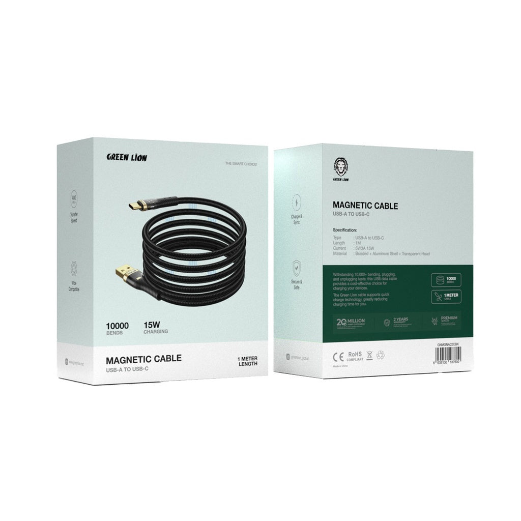 كيبل جرين لايون المغناطيسي من يو اس بي اي الى يو اس بي سي بطول 1 متر - اسود | Green Lion Magnetic Cable USB-A to USB-C 15W 1M - Black