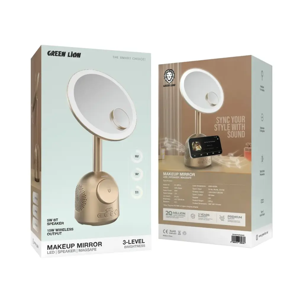 مرآة مكياج جرين لايون مع مكبر صوت وشاحن ماجسيف | Green Lion Makeup Mirror with Speaker and MagSafe Charger