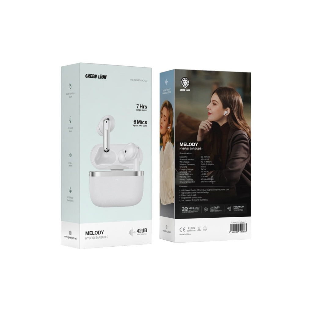 سماعات جرين لايون ميلودي هايبرد اللاسلكية بخاصية الغاء الضوضاء - ابيض | Green Lion Melody Hybrid ANC Earbuds - White