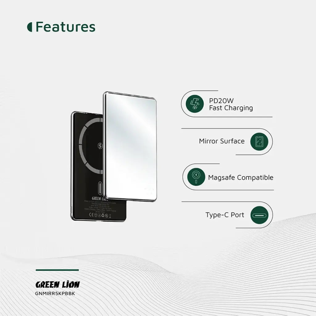 باور بانك جرين لايون بتصميم المرآة بسعة 5000 مللي امبير | Green Lion Mirror Design 5000mAh Power Bank