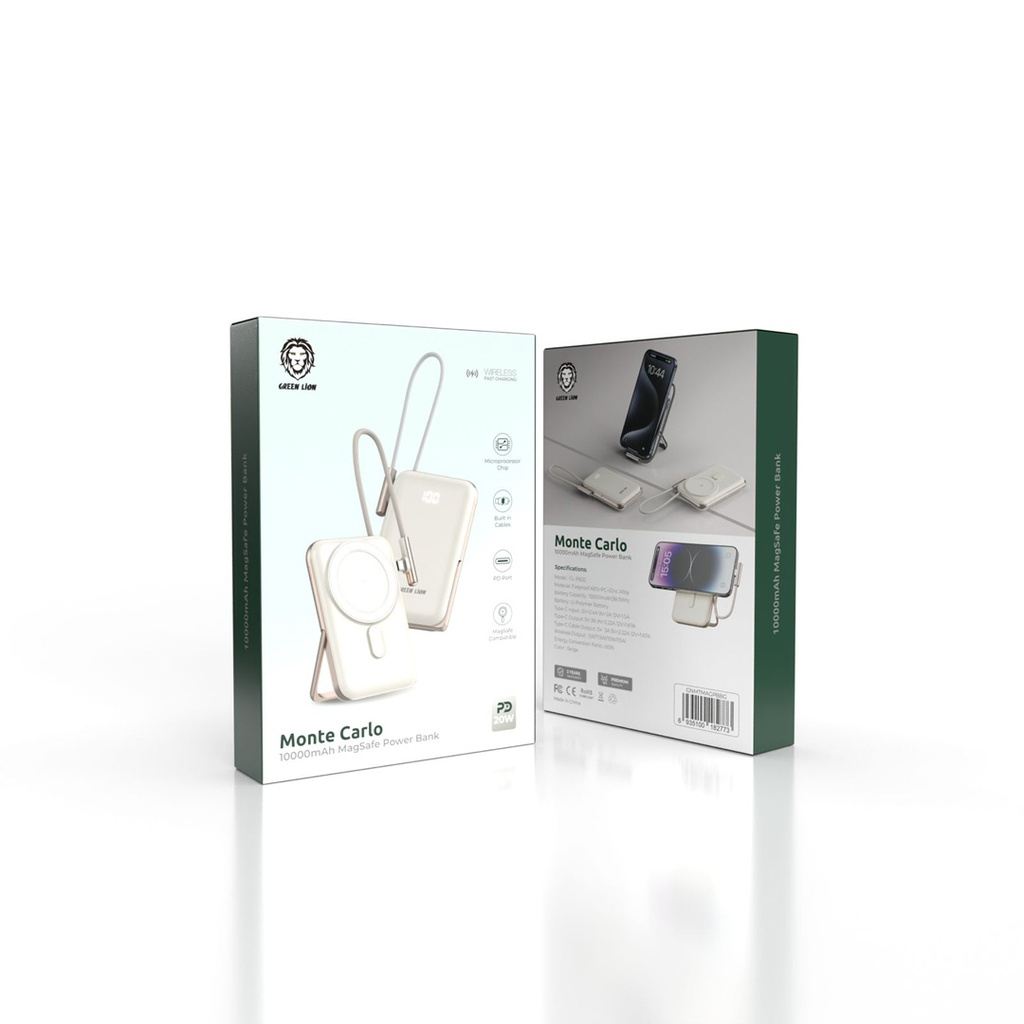 باور بانك جرين لايون مونتي كارلو ماج سيف بسعة 10,000 مللي امبير وبقدرة شحن 20 واط | Green Lion Monte Carlo Magsafe Power Bank 10000mAh PD 20W