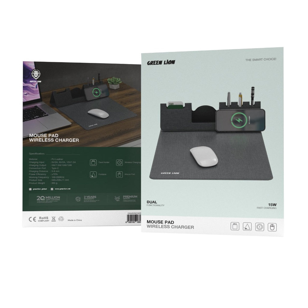 ماوس باد جرين لايون بشاحن لاسلكي سريع 15 واط - رمادي | Green Lion Mouse Pad Wireless Charger - Gray