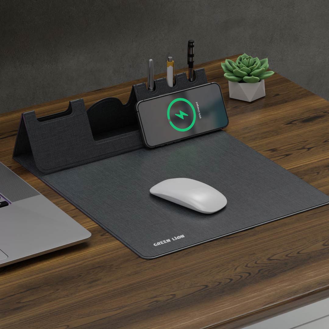 ماوس باد جرين لايون بشاحن لاسلكي سريع 15 واط - رمادي | Green Lion Mouse Pad Wireless Charger - Gray