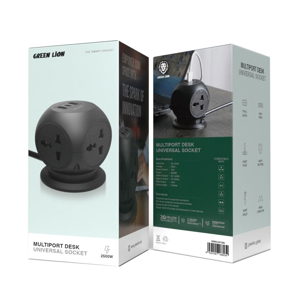 قاعدة شحن مكتبية متعددة المخارج من جرين لايون - اسود | Green Lion MultiPort Desk Universal Socket - Black.
