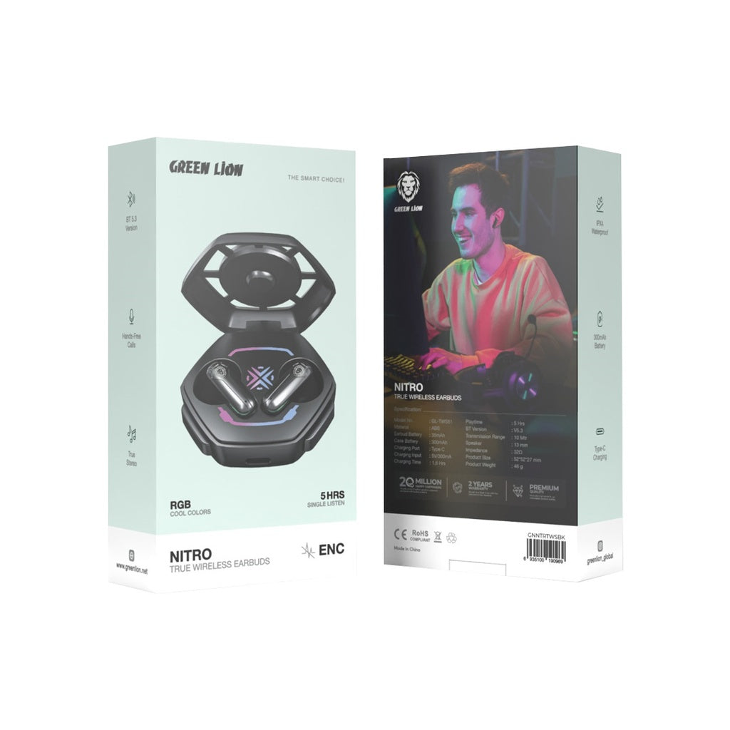 سماعات جرين لايون نايترو اللاسلكية - اسود | Green Lion NITRO True Wireless Earbuds - Black