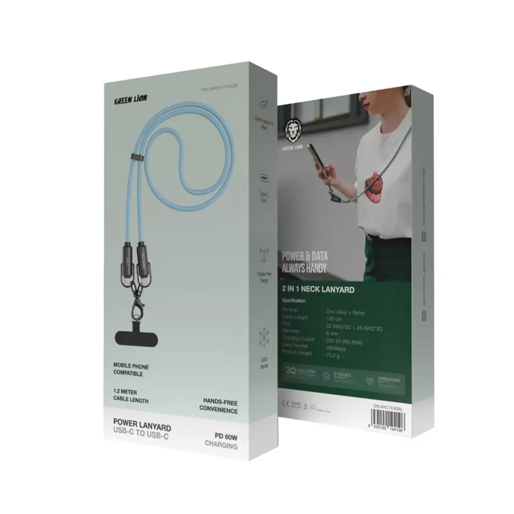 كيبل جرين لايون باور لانيارد يو اس بي سي الى يو اس بي سي بقدرة 60 واط - ازرق سماوي | Green Lion Power Lanyard C to C 60W Cable - Sky Blue