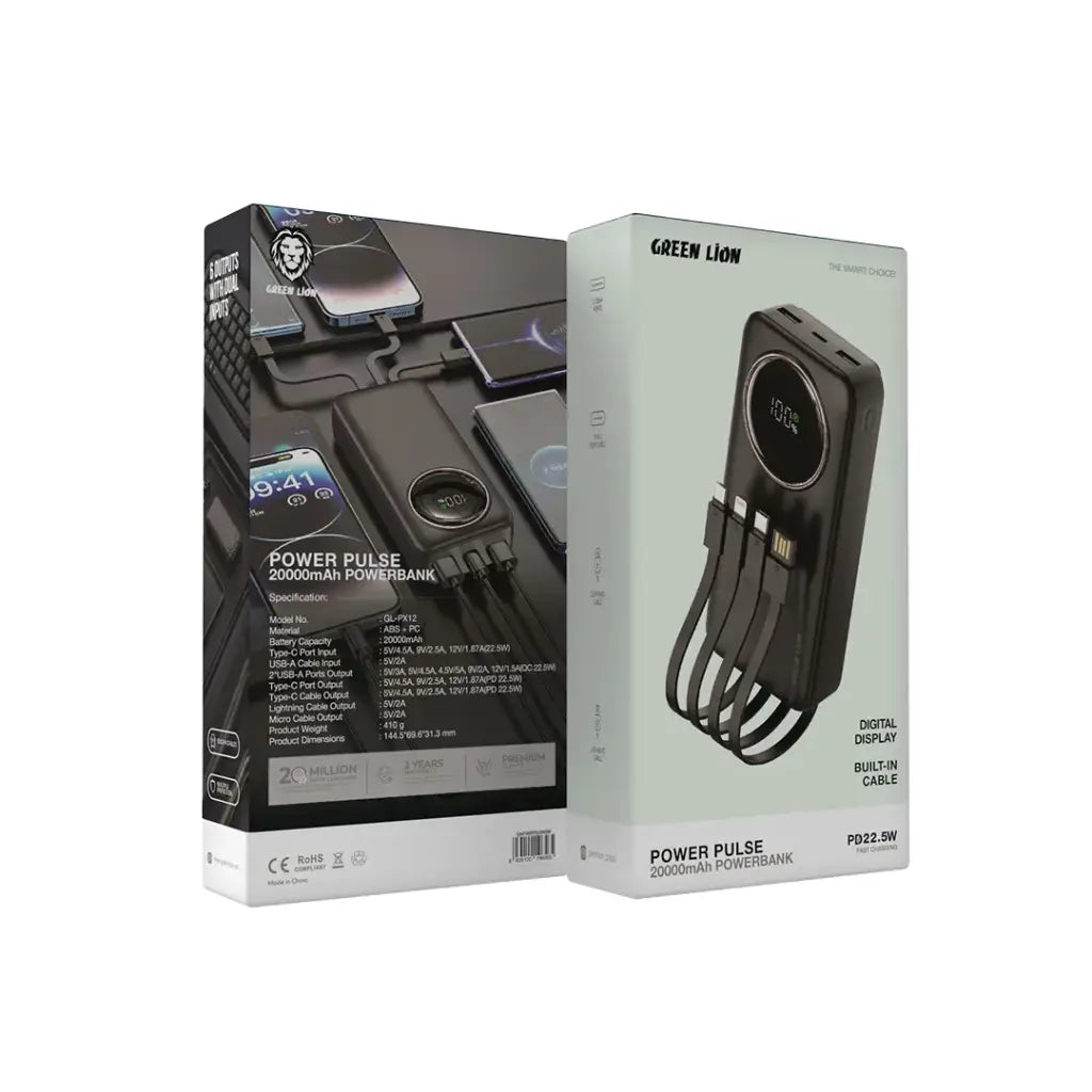 باور بانك جرين لايون باور بلس بقدرة شحن 22.5 واط اسود | Green Lion Power Pulse Power Bank 22.5W – Black