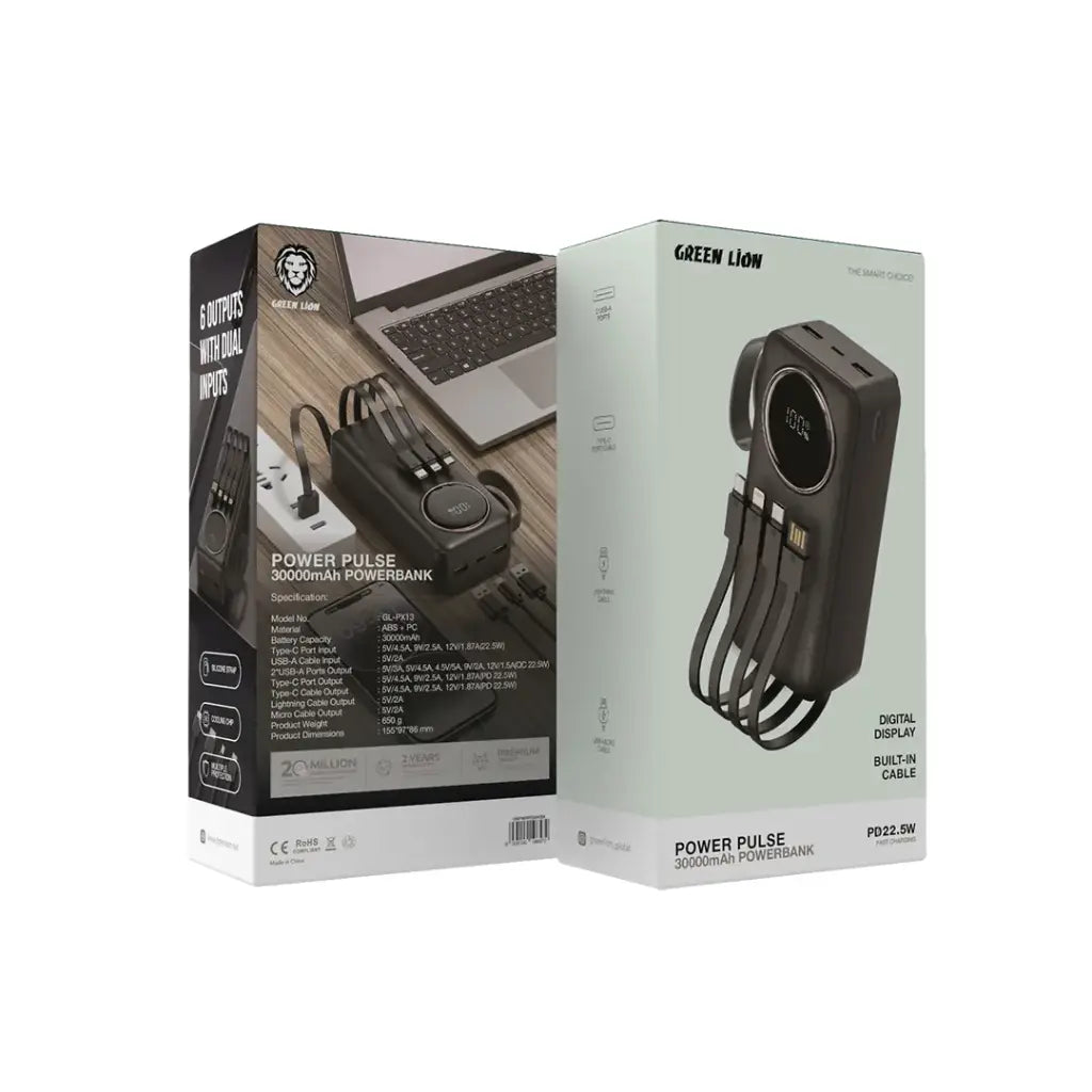 باور بانك جرين لايون باور بلس بقدرة شحن 22.5 واط اسود | Green Lion Power Pulse Power Bank 22.5W – Black