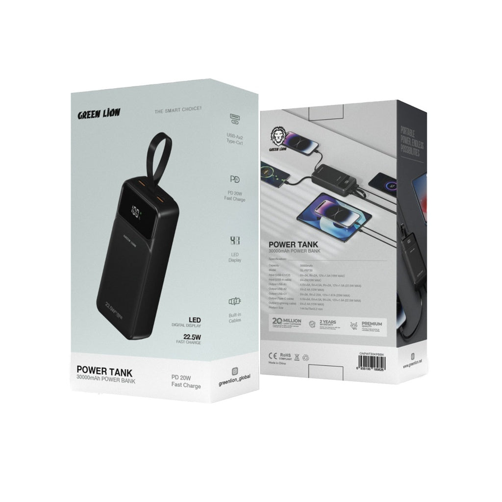 باور بانك جرين لايون تانك بسعة 30,000 مللي امبير وبقدرة شحن سريع 22.5 واط | Green Lion Power Tank Power Bank 30000mAh PD 22.5W with Fast Charging Cable