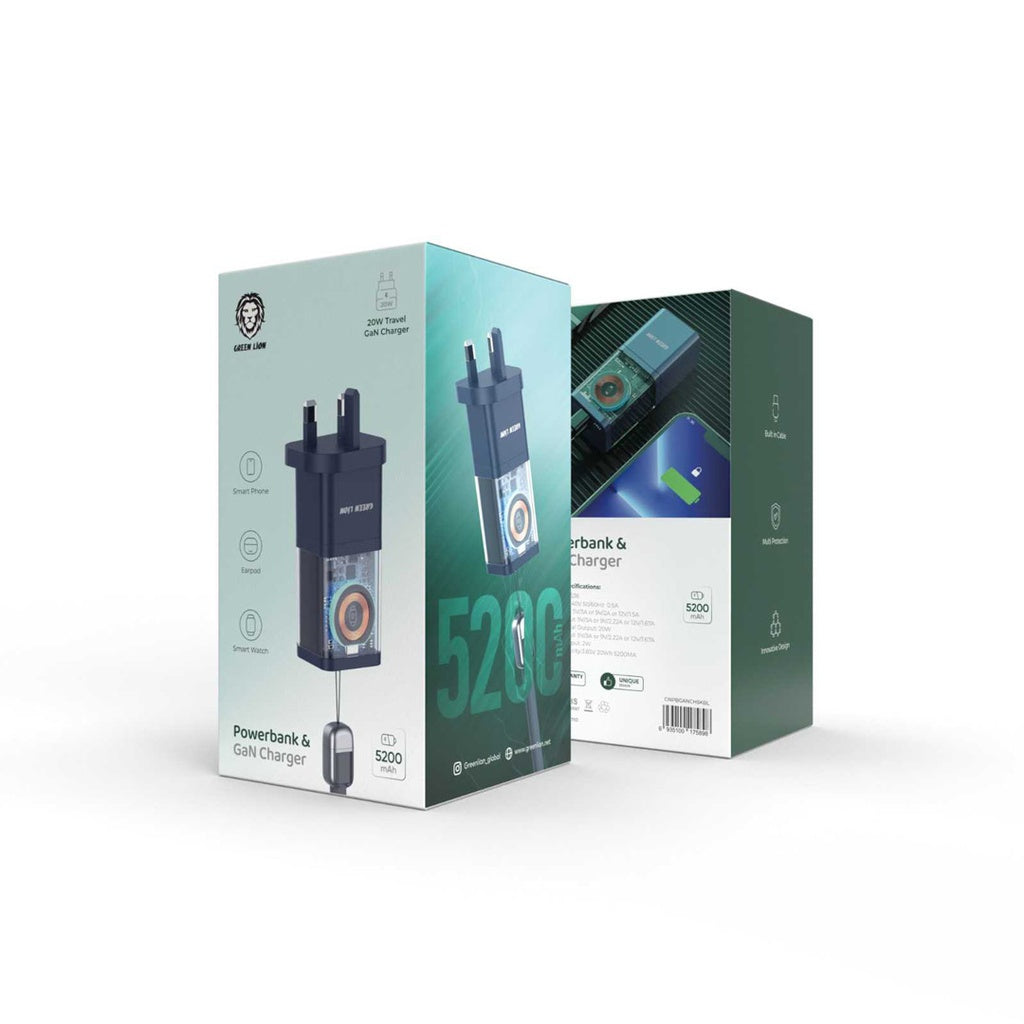 باور بانك وشاحن GaN جرين لايون بسعة 5200 مللي امبير | Green Lion Powerbank & GaN Charger 5200mAh