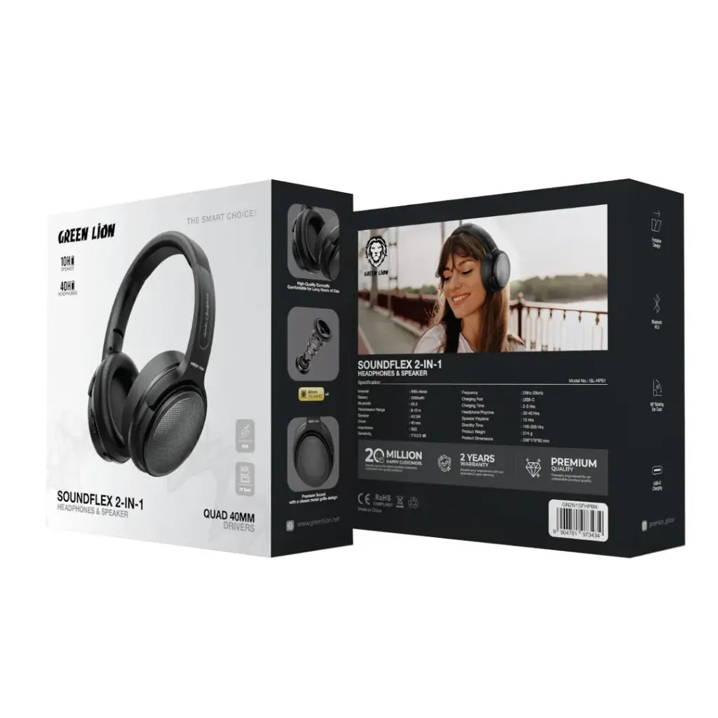 سماعة جرين لايون ساوند فليكس 2 في 1 مع سبيكر, وقت تشغيل حتى 40 ساعة | Green Lion SOUNDFLEX 2-in-1 Headphones and Speaker, Up to 40H Playtime