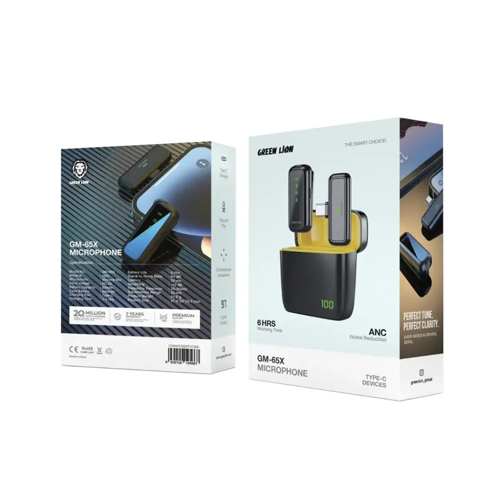 مايكروفون جرين لايون 65X لتايب سي / لايتننغ مع ميزة عزل الضوضاء - اسود | Green Lion 65X Microphone for Type-C / Lightning - Black