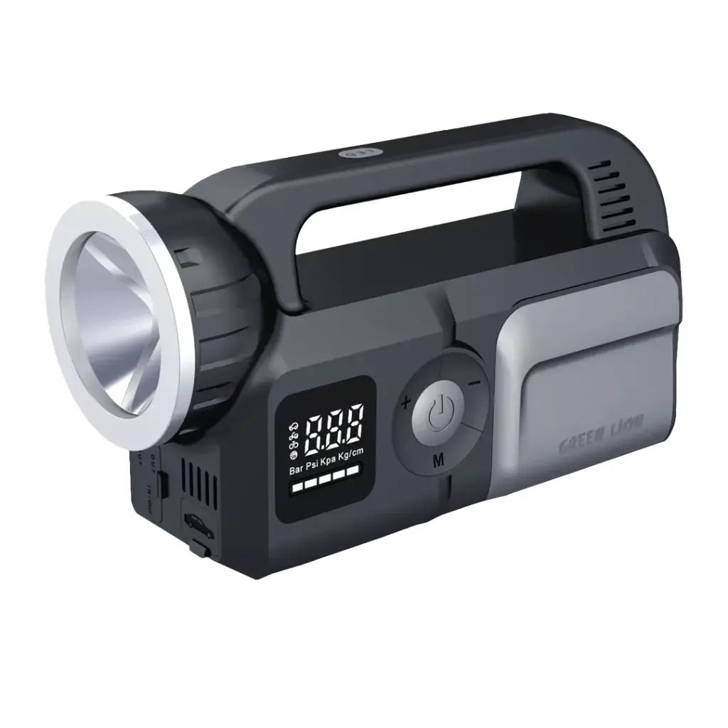 جهاز تشغيل بطارية السيارة جرين لايون سايفيور مع منفاخ هواء للاطارات وكشاف - رمادي | Green Lion Savior 12V Jump Starter, 8L Gasoline, 6L Diesel Engines With Flash Light and Air Compressor – Gray