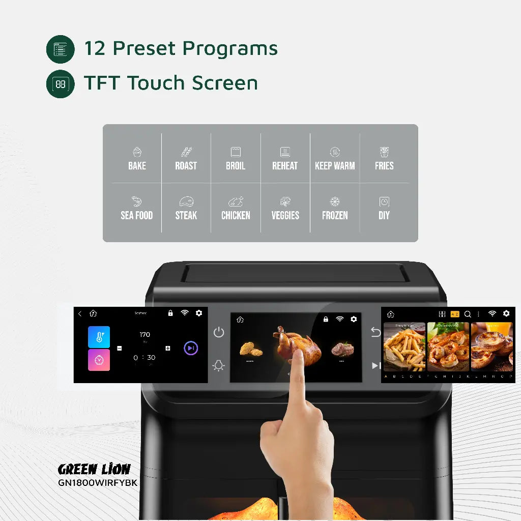 Green Lion Smart Air Fryer 6.5L - قلاية هوائية ذكية سعة 6.5 لتر طهي صحي بدون زيت مع واي فاي جرين ليون