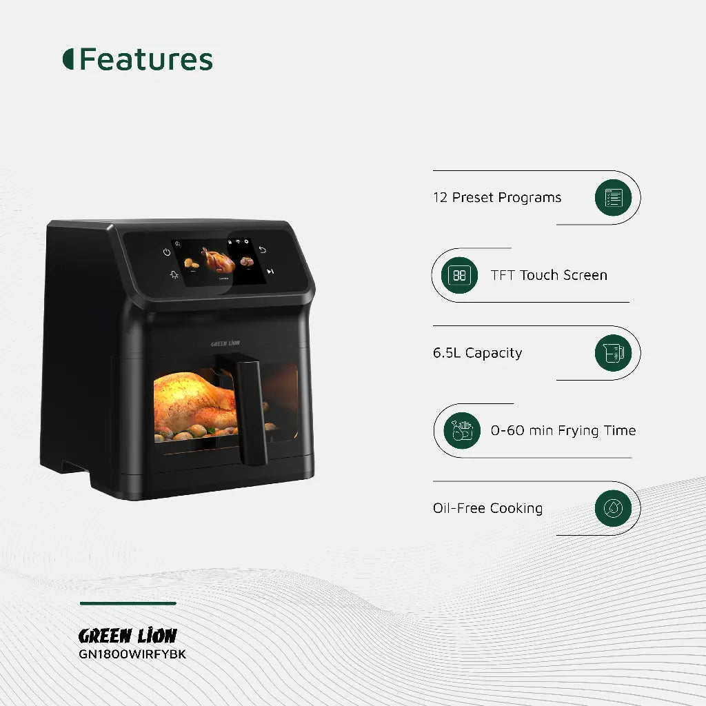 Green Lion Smart Air Fryer 6.5L - قلاية هوائية ذكية سعة 6.5 لتر طهي صحي بدون زيت مع واي فاي جرين ليون
