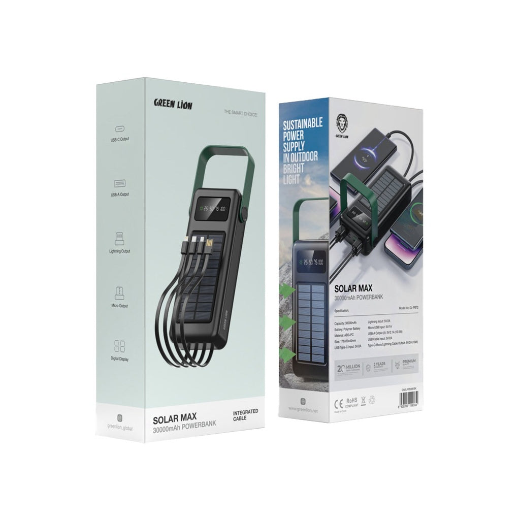 باور بانك جرين لايون سولار ماكس بسعة 30,000 مللي امبير - اسود | Green Lion Solar Max 30000mAh Powerbank - Black