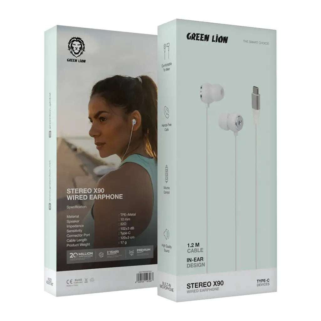 سماعة سلكية جرين لايون ستيريو X90 بمنفذ يو اس بي سي, صوت عالي الجودة | Green Lion Stereo X90 Type-C Wired Earphone – High Quality Sound.