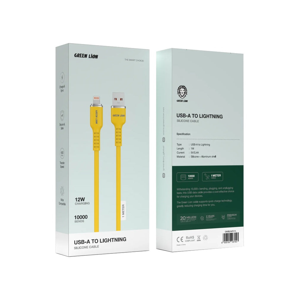 كيبل جرين لايون يو اس بي اي الى لايتننغ, سيليكون بطول 1 متر | Green Lion USB-A TO Lightning Silicone Cable - 1M.