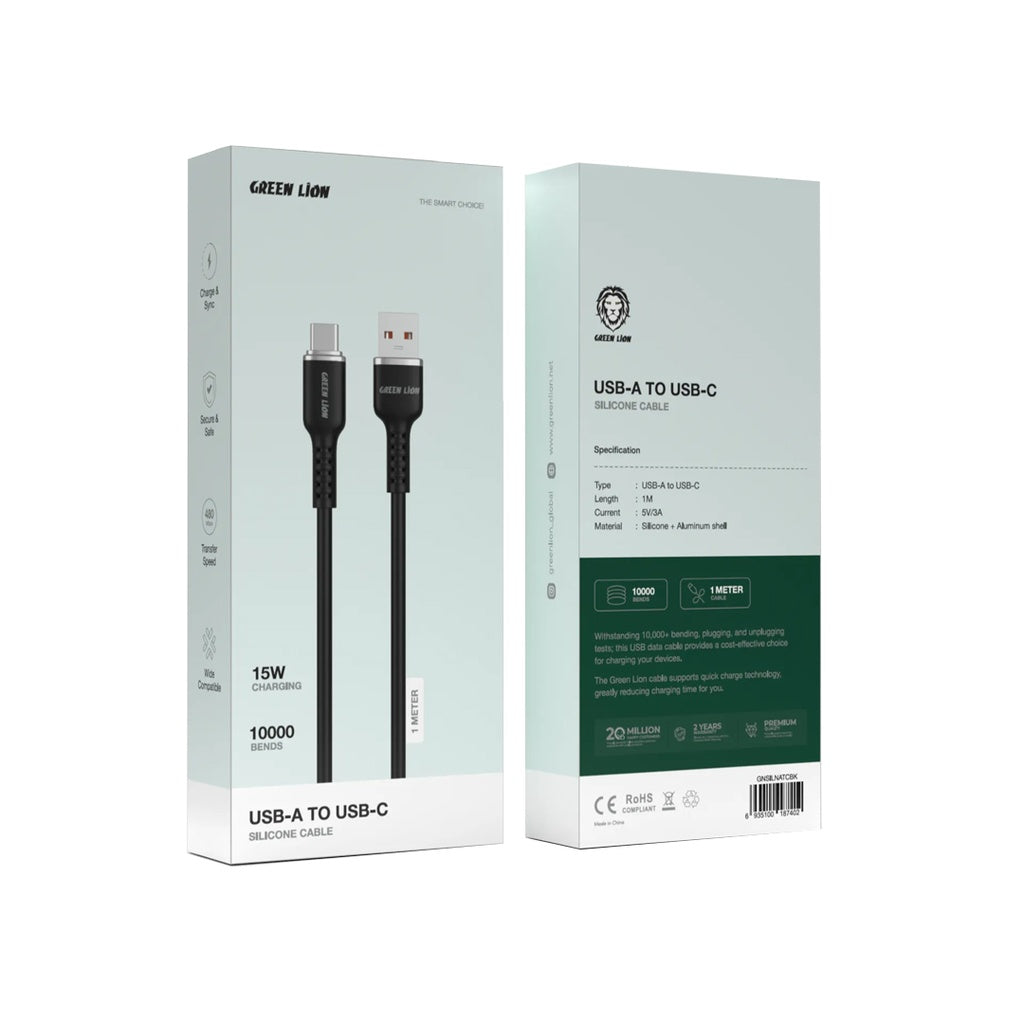 كيبل جرين لايون يو اس بي اي الى يو اس بي سي, سيليكون بطول 1 متر, شحن سريع 15 واط | Green Lion USB-A TO USB-C Silicone Cable 1M 15W.