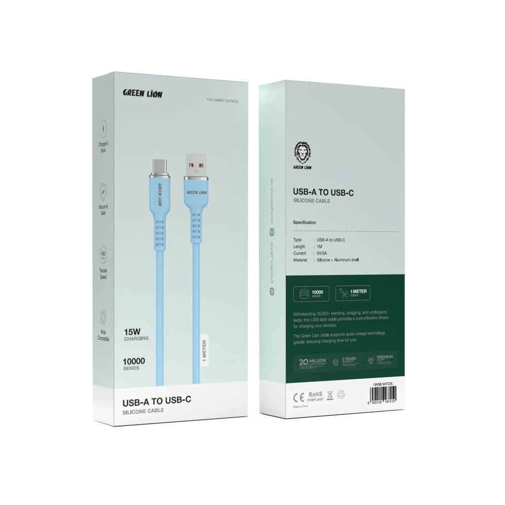 كيبل جرين لايون يو اس بي اي الى يو اس بي سي, سيليكون بطول 1 متر, شحن سريع 15 واط | Green Lion USB-A TO USB-C Silicone Cable 1M 15W.