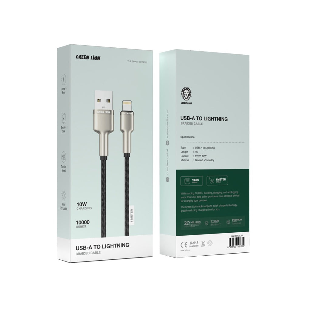 كيبل جرين لايون مضفر يو اس بي اي إلى لايتننغ بقدرة شحن 18 واط و طول 1 متر  | Green Lion USB-A to Lightning 1M Cable 18W Fast Charging