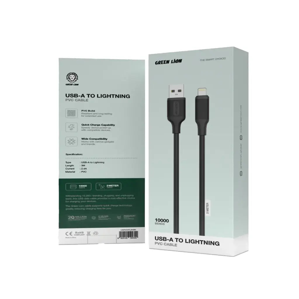 كيبل جرين لايون يو اس بي اي الى لايتننغ بطول 3 متر | Green Lion USB-A to Lightning PVC Cable 3M.