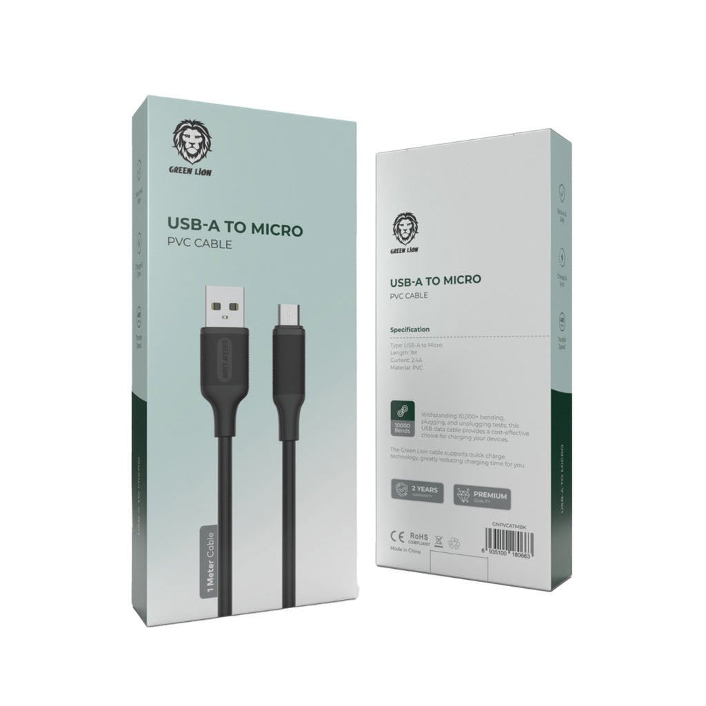 كيبل جرين لايون من يو اس بي اي الى مايكرو يو اس بي بطول 1 متر, يدعم شحن سريع | Green Lion USB-A to Micro USB PVC Cable 1M 2.4A – Fast Charging & Data Sync