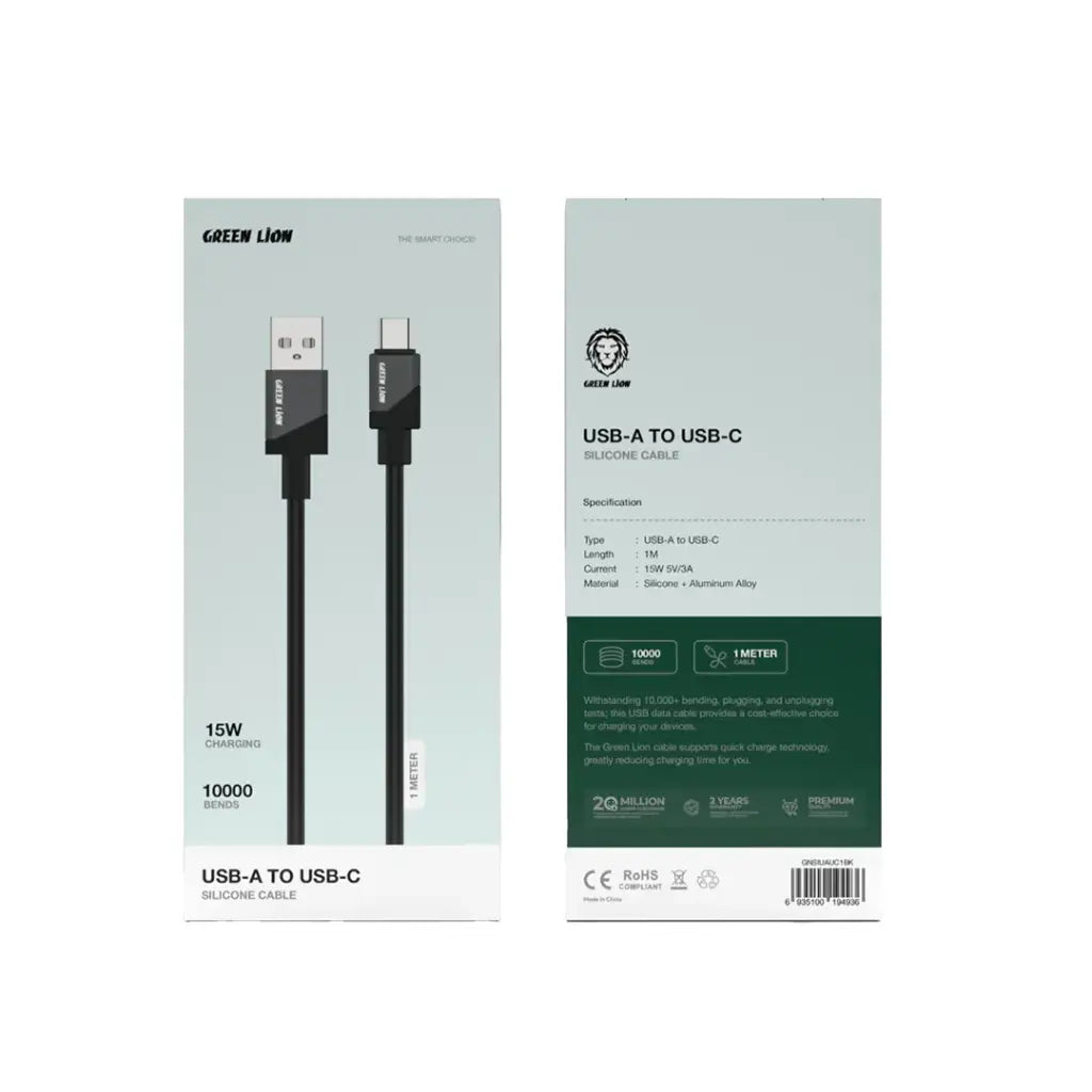 كيبل جرين لايون سيليكون يو اس بي اي الى يو اس بي سي بقدرة 15 واط وطول 1 متر - اسود | Green Lion USB-A to USB-C Silicone Cable 1m 15W - Black
