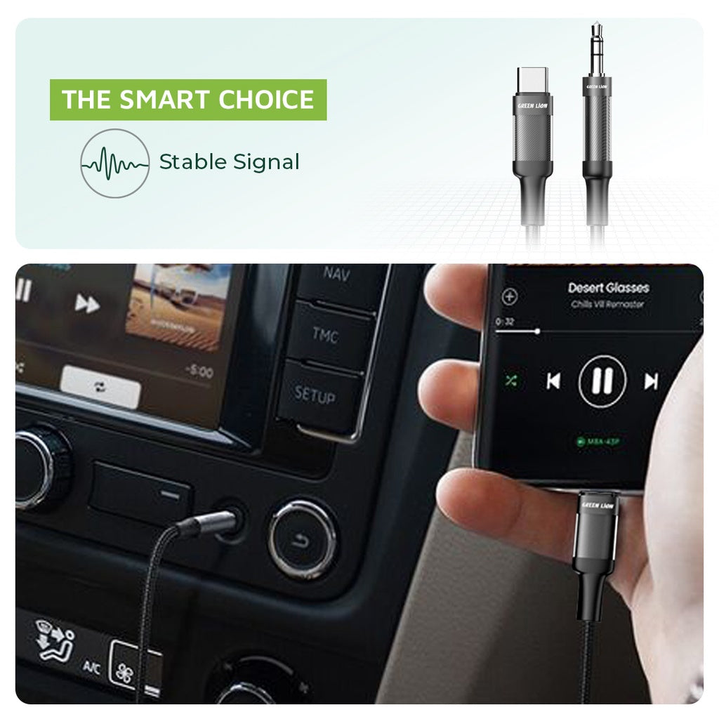 كيبل جرين لايون من يو اس بي سي الى AUX بطول 1 متر - اسود | Green Lion USB-C to AUX Braided Cable 1M - Black