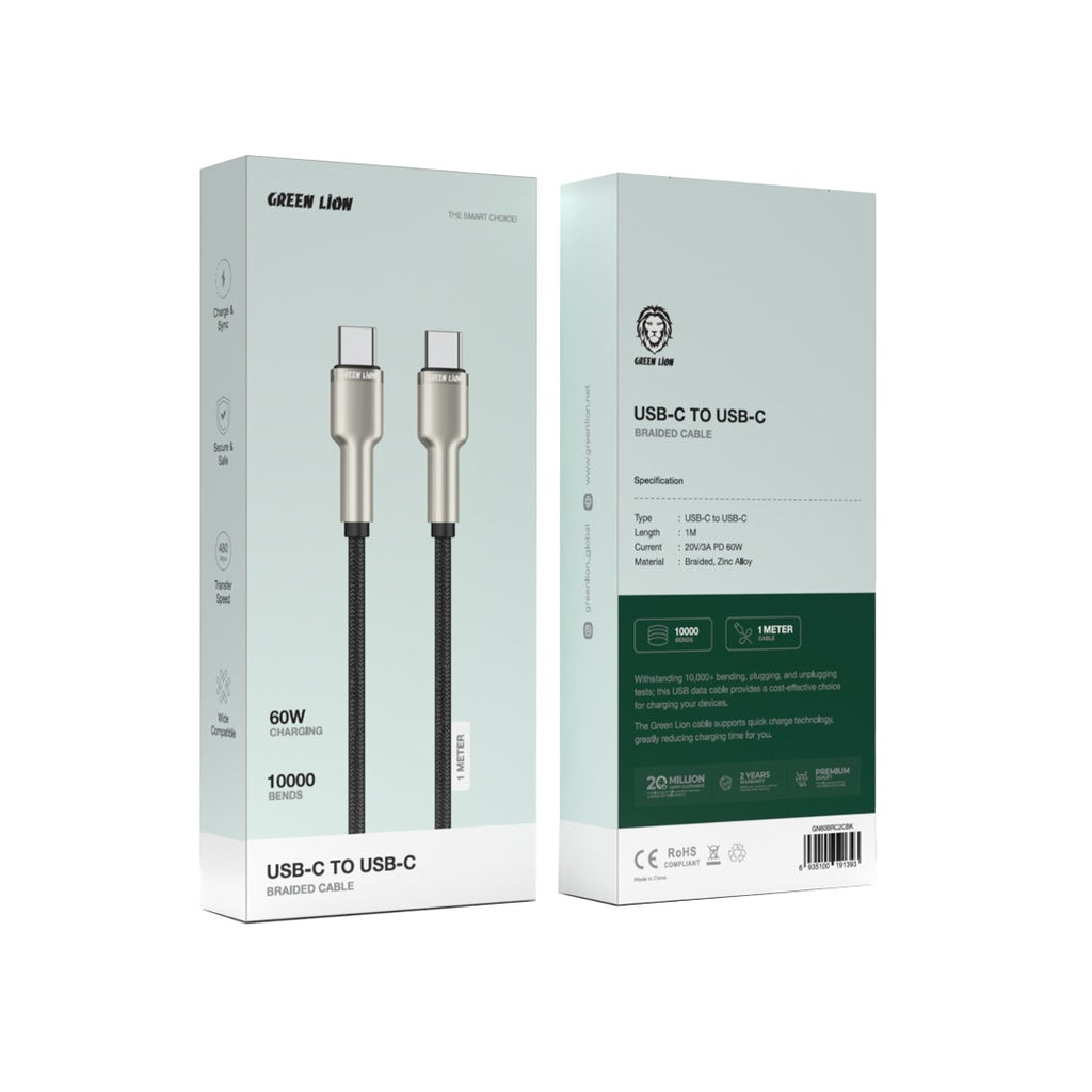كيبل جرين لايون مضفر يو اس بي سي الى يو اس بي سي بقدرة شحن 60 واط وطول 1 متر - اسود | Green Lion USB-C to USB-C Braided Zinc Alloy Cable 60W 1M - Black
