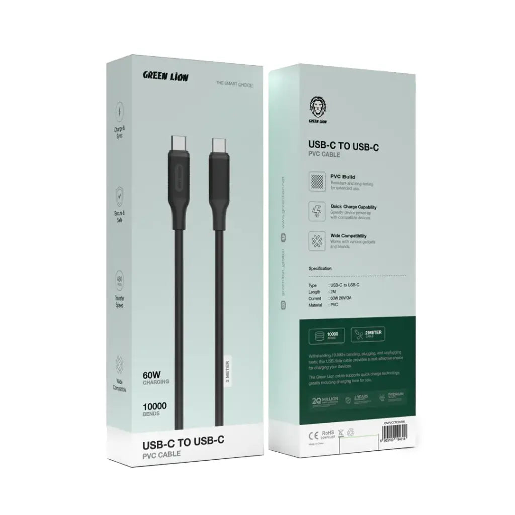 كيبل جرين لايون يو اس بي سي الى يو اس بي سي بطول 2 متر, شحن سريع 60 واط | Green Lion USB-C to USB-C PVC Cable 2M 60W.