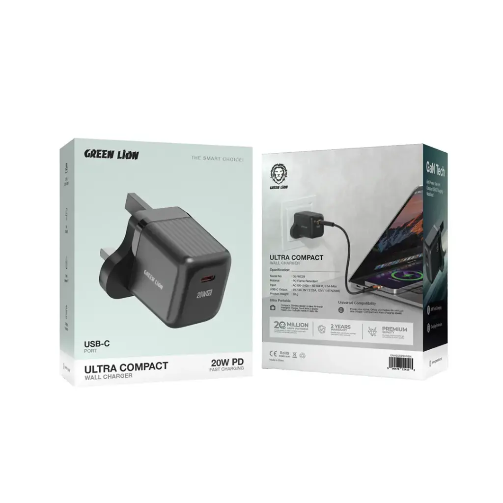 شاحن جداري صغير من جرين لايون بمنفذ يو اس بي سي بقدرة 20 واط - اسود | Green Lion Ultra Compact GaN Wall Charger UK Pin USB-C PD 20W – Black.