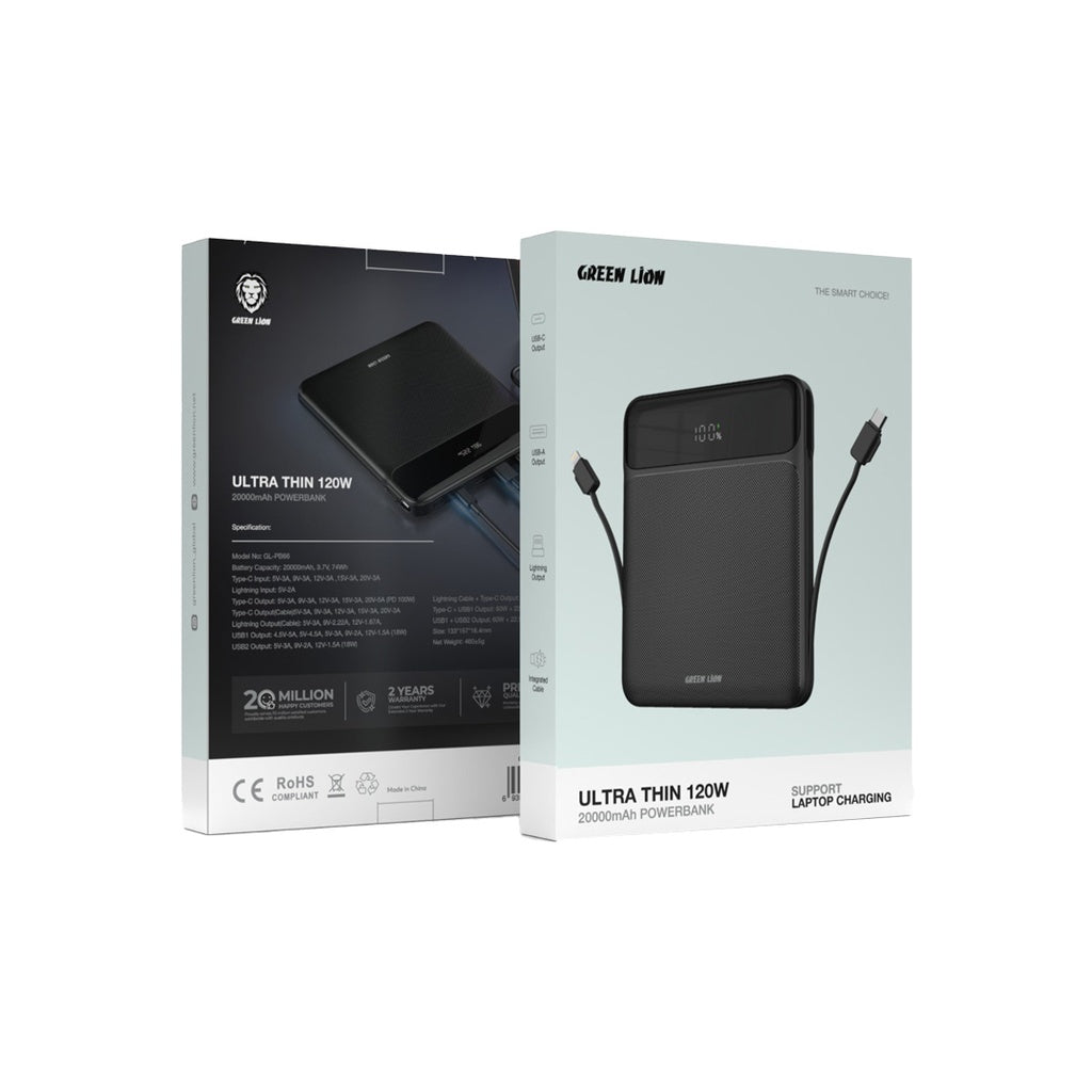 باور بانك جرين لايون ألترا ثين بسعة 20,000 مللي امبير وبقدرة شحن 120 واط  | Green Lion Ultra Thin 120W 20000mAh Power Bank
