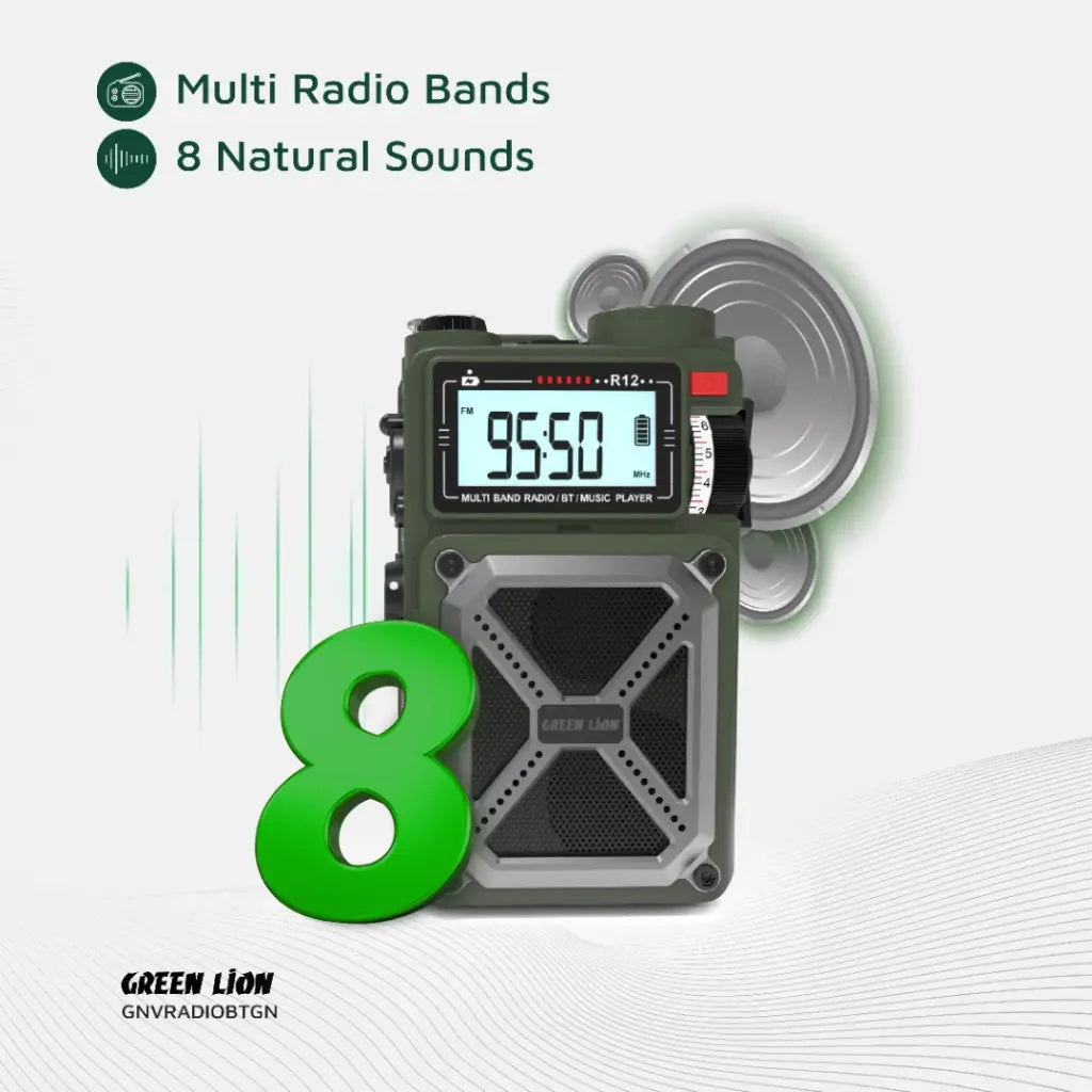 راديو جرين لايون فينتاج سولار برو متعدد الوظائف مع سماعة وباور بانك وبوصلة وكشاف - اخضر | Green Lion Vintage Solar Pro Radio | Speaker | Power Bank | Compass | Flashlight – Green