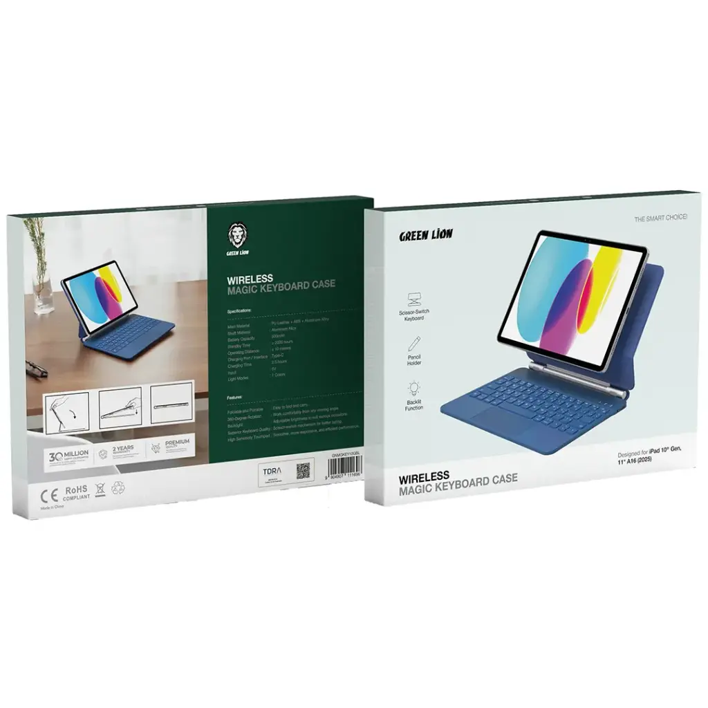 ماجيك كيبورد جرين لايون اللاسلكي لايباد الجيل العاشر 11 انش A16 2025 - ازرق | Green Lion Wireless Magic Keyboard Case for iPad 10th Gen, 11" A16 (2025) - Blue