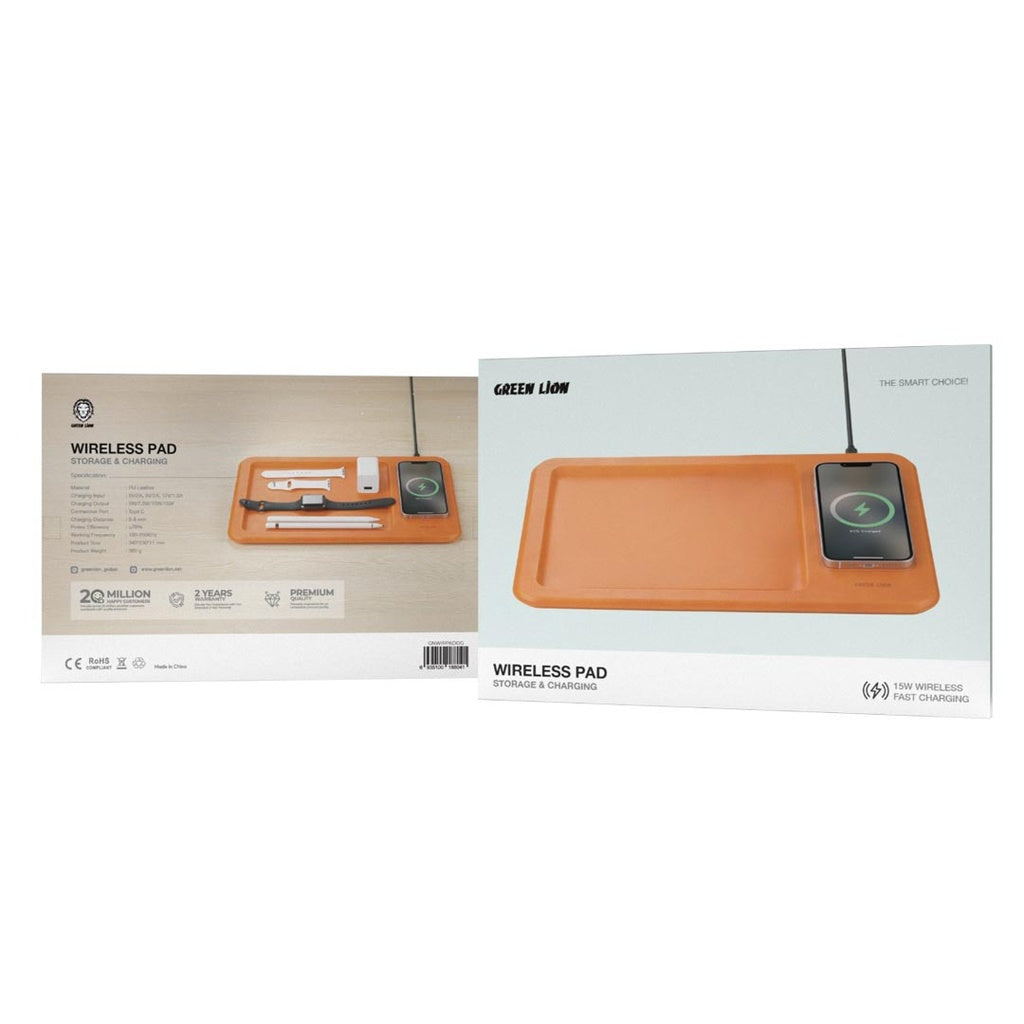 قاعدة شحن لاسلكية جرين لايون بقدرة 15 واط مع مساحة تخزين - برتقالي | Green Lion Wireless Pad Storage & Charging 15W - Orange