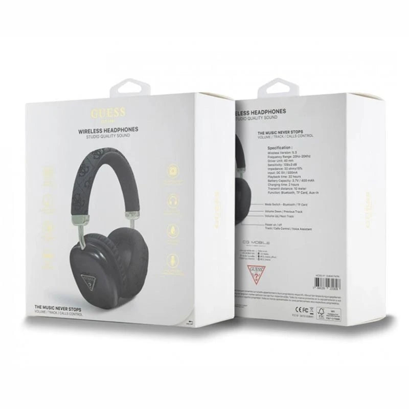 Guess 4G Bluetooth Headphones with Gold Triangle Logo – Black | سماعة بلوتوث GUESS بجلد نقشة 4 جي وشعار مثلث ذهبي, 32 ساعة تشغيل - اسود