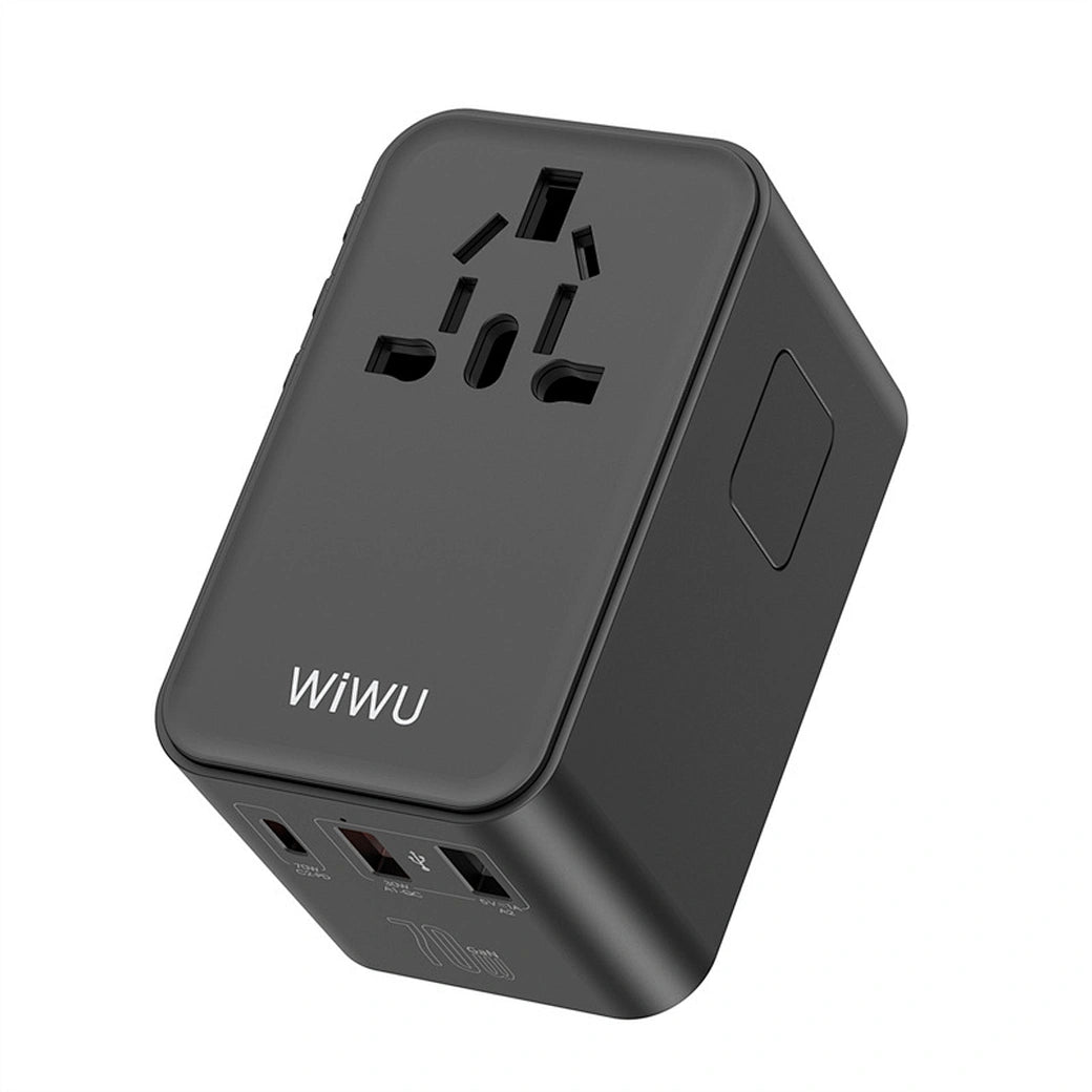 محول السفر العالمي من ويوو بقدرة شحن 70 واط مع كيبل تايب سي مدمج - اسود | WiWU Travel Universal Adapter UA004 70W GaN Charger With Built in Type-C Cable – Black