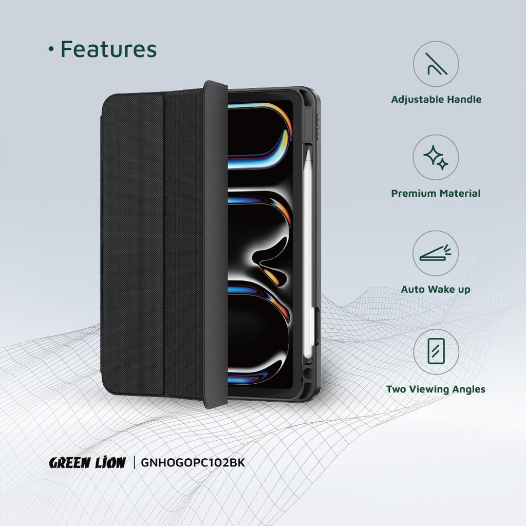 غطاء جرين لايون هوغو بريميوم مع حامل قلم لجهاز آيباد 9 مقاس 10.2 انش - اسود | Green Lion Hogo Premium Case with Pencil Holder for iPad 9 10.2" - Black