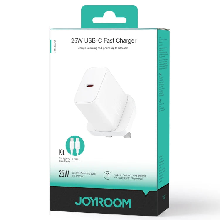 شاحن جداري جويرووم JR-TCF11 بقدرة شحن 25 واط مع كيبل تايب سي الى تايب سي بطول 1 متر - ابيض  | JOYROOM JR-TCF11 25W Fast USB-C Charger & Type-C Cable - White
