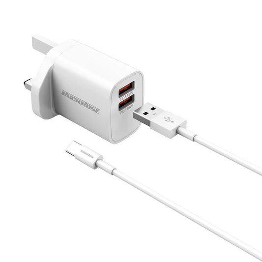 شاحن جداري من روك روز بمنفذين يو اس بي بقدرة 18 واط مع كيبل تايب سي طول 1 متر - RockRose Wall Charger 2-Port USB-A 18W & Type-C Cable 1M