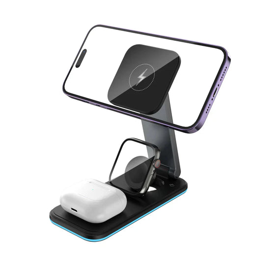 RockRose 3 in 1 Foldable Wireless MAGSAFE Charging Stand - حامل شحن ماجسيف لاسلكي قابل للطي 3 في 1 من روك روز
