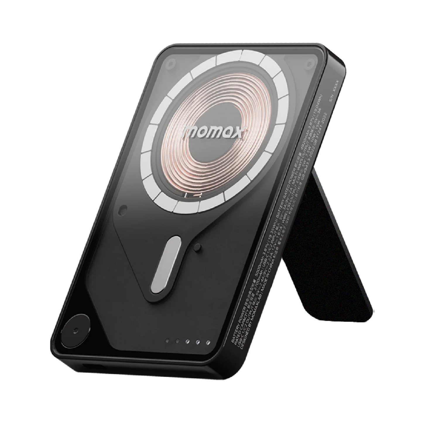Momax Power X Pro 5000mAh Magnetic Wireless Battery Pack with Stand & Built-in USB-C Cable | MagSafe Compatible - باور بانك موماكس بور اكس برو مغناطيسي لاسلكي بسعة 5000 مللي امبير مع مسند وكيبل USB-C مدمج, متوافق مع ماج سيف